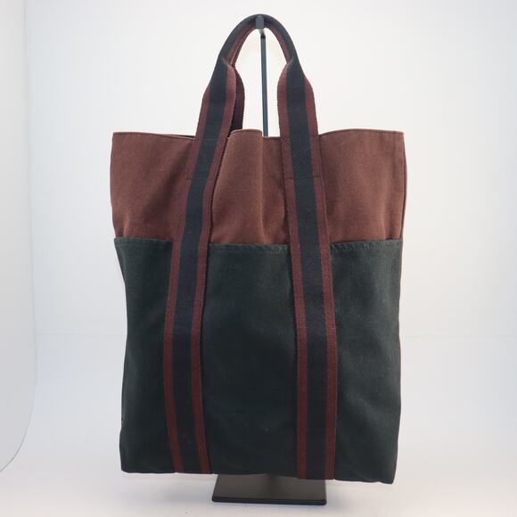 Hermès Paris Canvas Fourre-Tout Tote Bag Brown & Black Web Straps - Picture 1 of 7